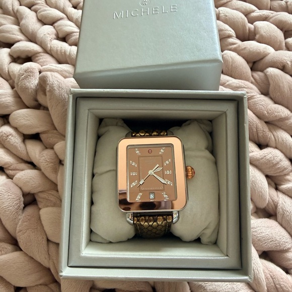 Michele Accessories - Michele Deco Sport Rose Gold Watch with Metallic Bronze Snakeskin Leather Strap